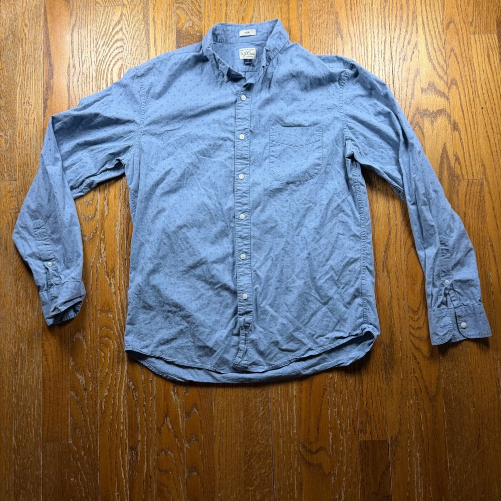 J.Crew Mens Large Secret Wash Stretch Slim Fit Button Down Shirt Blue Pattern